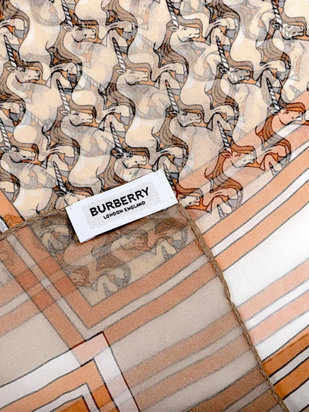 BURBERRY Silk Chiffon Unicorn Print Oblong Scarf Archive Beige